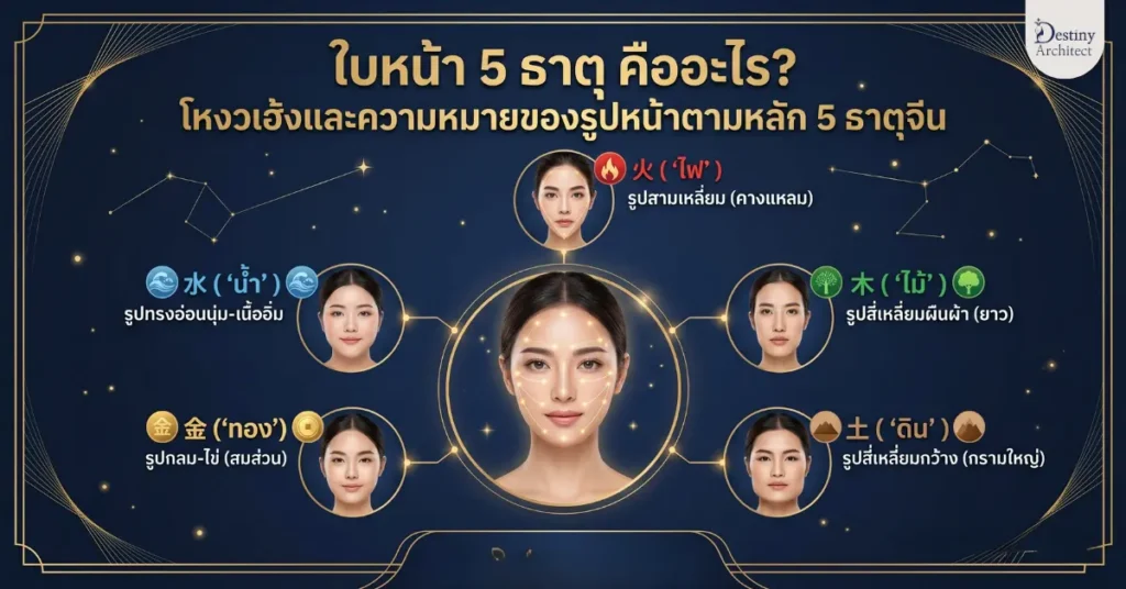 ทำความรู้จักใบหน้า 5 ธาตุ ตามหลักโหงวเฮ้งจีน ครอบคลุมธาตุดิน น้ำ ไม้ ไฟ ทอง พร้อมการอ่านลักษณะหน้าและความหมายด้านชะตากรรม